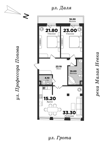 Дом на улице Грота, Корпус 1, 2 спальни, 129.75 м² | планировка элитных квартир Санкт-Петербурга | М16